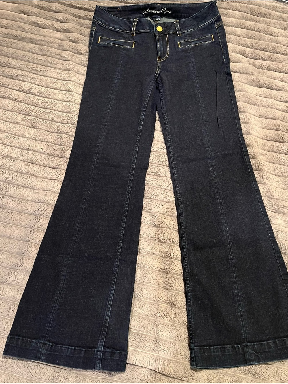 AMERICAN EAGLE HIPSTER WOMEN JEANS STRETCH 8 REGULAR DARK LOW RISE FLARE